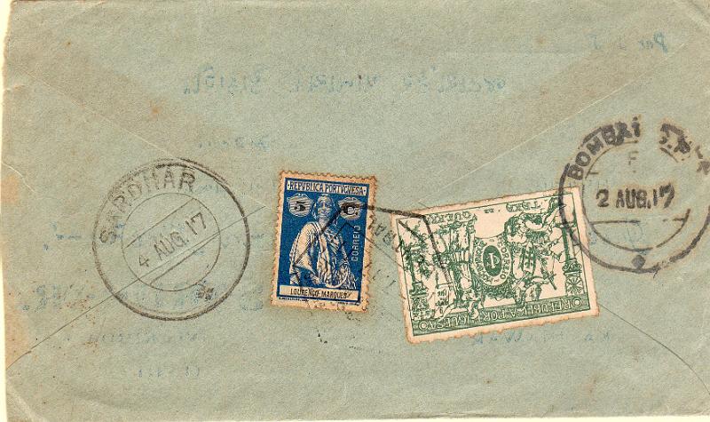 1632 v.jpg -     Lote:    1632 (verso)                   Descrição:         1914/16 &mdash; Ceres + Taxa de Guerra. Sobrescrito circulado de L. Marques (06.07.17) para a Índia Inglesa (04.08.17), com selo de 5C CE123 + selo da Taxa de Guerra de 1C CE IP1.        Carta       Valor Base:     &euro; 40,00     Valor Venda:     &euro;      